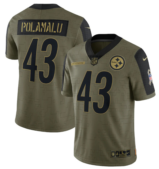 Men's Pittsburgh Steelers #43 Troy Polamalu 2021 Olive Salute To Service Limited Stitched Jersey
