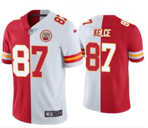 Men’s Kansas City Chiefs #87 Travis Kelce Red & White Split Limited Stitched Jersey