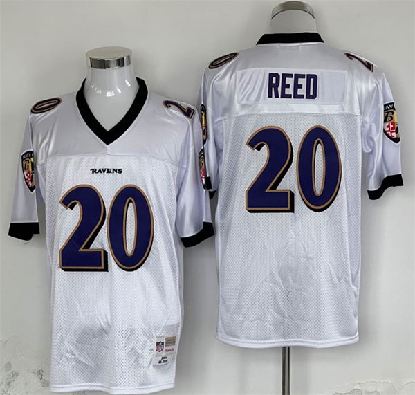 Men's Baltimore Ravens #20 Ed Reed White Thrrowback Jersey