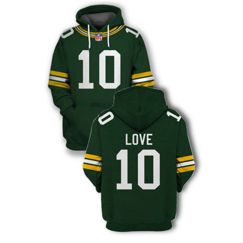 Men's Green Bay Packers #10 Jordan Love 2021 Green Pullover Hoodie