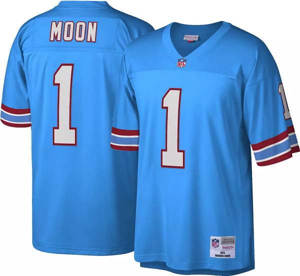 Men's Houston Oilers/Tennessee Titans #1 Warren Moon Light Blue 1993 Home Stitched Game Jersey