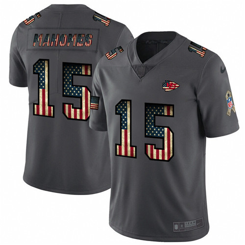 Men's Kansas City Chiefs #15 Patrick Mahomes Grey 2019 Salute To Service USA Flag Fashion Limited Stitched NFL Jersey