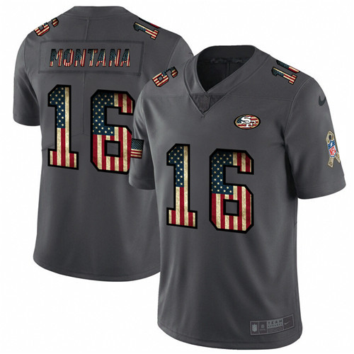 Men's San Francisco 49ers #16 Joe Montana Grey 2019 Salute To Service USA Flag Fashion Limited Stitched NFL Jersey