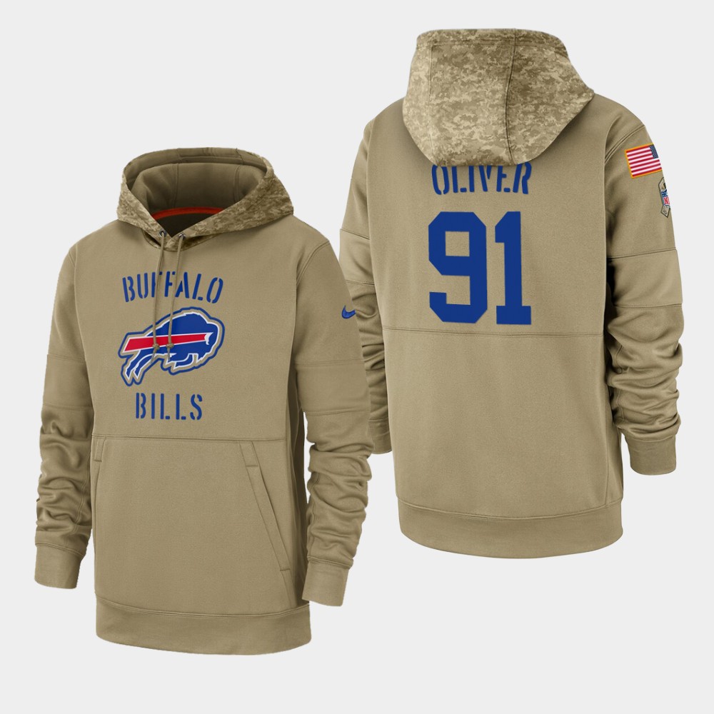 Men's Buffalo Bills #91 Ed Oliver Tan 2019 Salute To Service Sideline Therma Pullover Hoodie