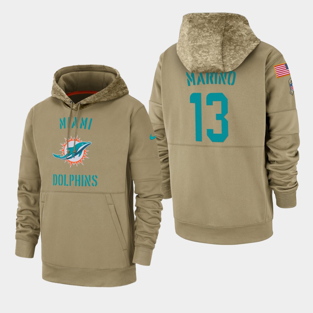Men's Miami Dolphins #13 Dan Marino Tan 2019 Salute To Service Sideline Therma Pullover Hoodie