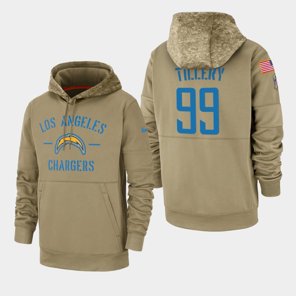 Men's Los Angeles Chargers #99 Jerry Tillery Tan 2019 Salute To Service Sideline Therma Pullover Hoodie