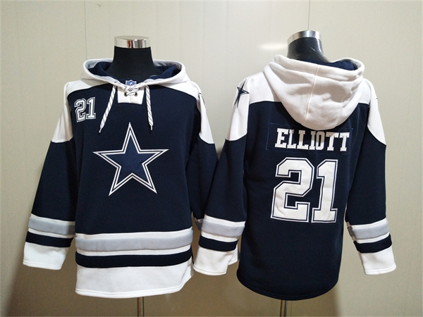 Men's Dallas Cowboys #21 Ezekiel Elliott Navy Ageless Must-Have Lace-Up Pullover Hoodie