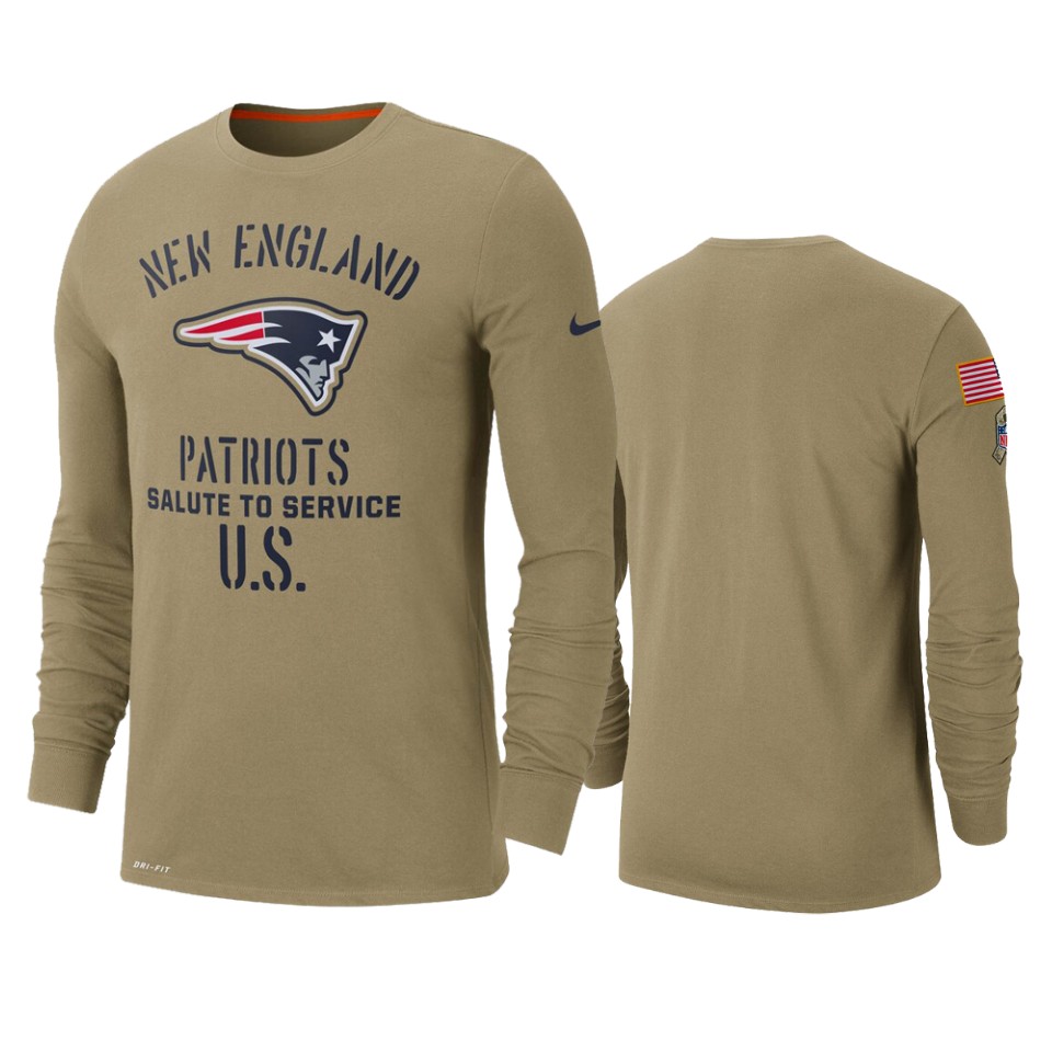 Men's New England Patriots Tan 2019 Salute To Service Sideline Performance Long Sleeve Shirt.