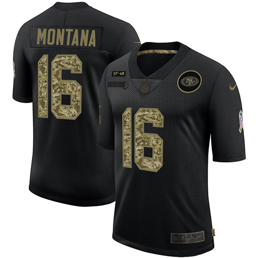 Men's San Francisco 49ers #16 Joe Montana 2020 Black Camo Salute To Service Limited Stitched NFL Jersey