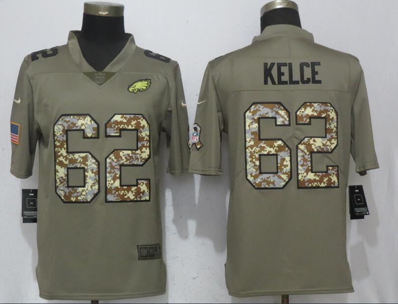 Men's Philadelphia Eagles #62 Jason Kelce Olive Camo Salute To Service Limited Stitched NFL Jersey
