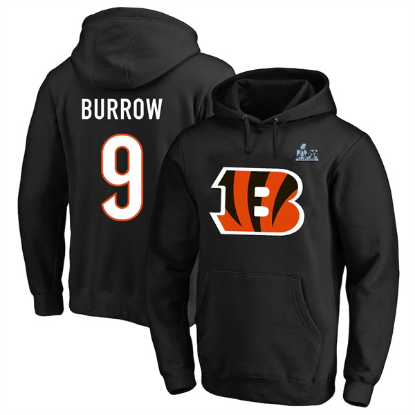 Men's Cincinnati Bengals #9 Joe Burrow Black Super Bowl LVI Pullover Hoodie