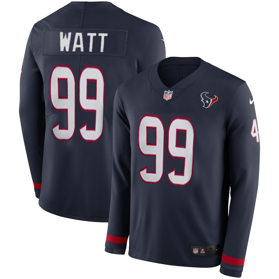 Men's Texans #99 J.J. Watt Navy Therma Long Sleeve Stitched NFL Jersey