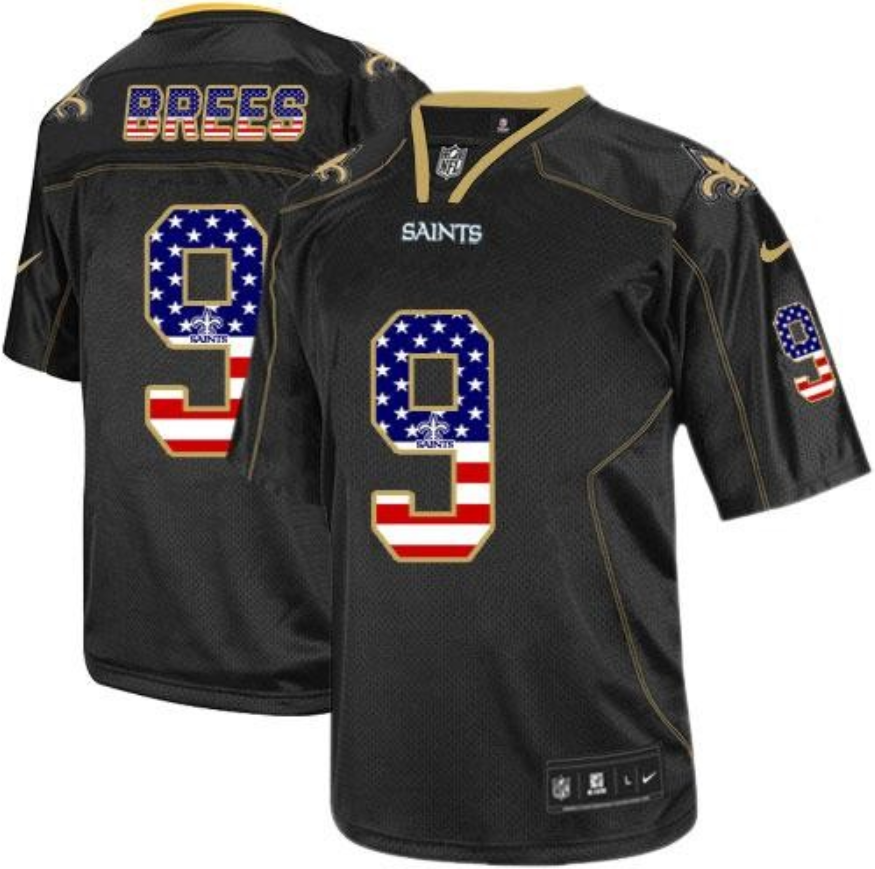 Men's Nike Saints #9 Drew Brees Black USA Flag Fashion Elite Stitched Jersey