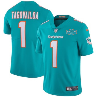 Men's Miami Dolphins #1 Tua Tagovailoa Aqua With 347 Shula Patch 2020 Vapor Untouchable Limited Stitched NFL Jersey