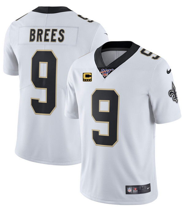 Men's New Orleans Saints 100th #9 Drew Brees With C Patch White Vapor Untouchable Limited Stitched NFL Jersey