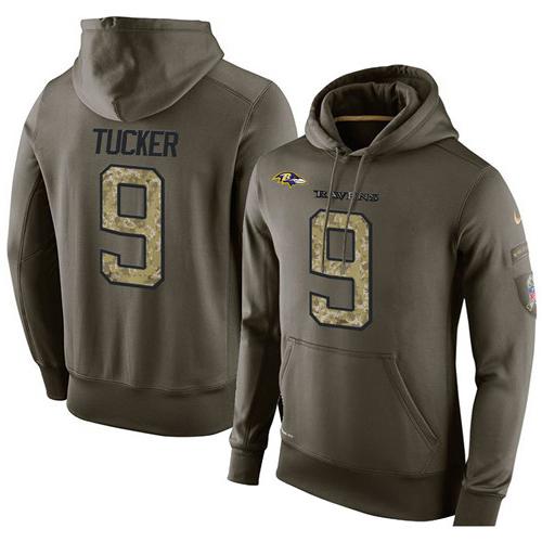 NFL Men's Nike Baltimore Ravens #9 Justin Tucker Stitched Green Olive Salute To Service KO Performance Hoodie