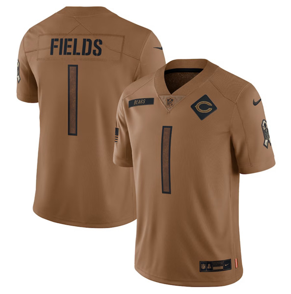 Men's Chicago Bears #1 Justin Fields 2023 Brown Salute To Service Limited Football Stitched Jersey