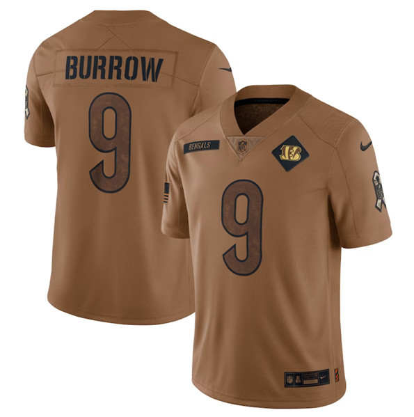 Men's Cincinnati Bengals #9 Joe Burrow 2023 Brown Salute To Service Limited Football Stitched Jersey