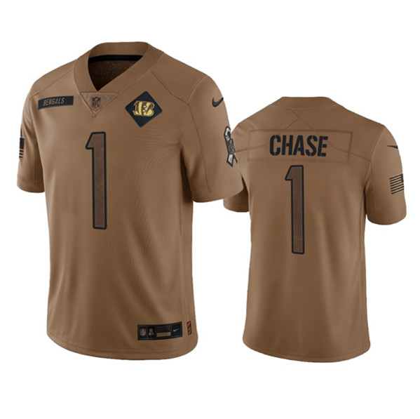 Men's Cincinnati Bengals #1 Ja'Marr Chase 2023 Brown Salute To Service Limited Football Stitched Jersey