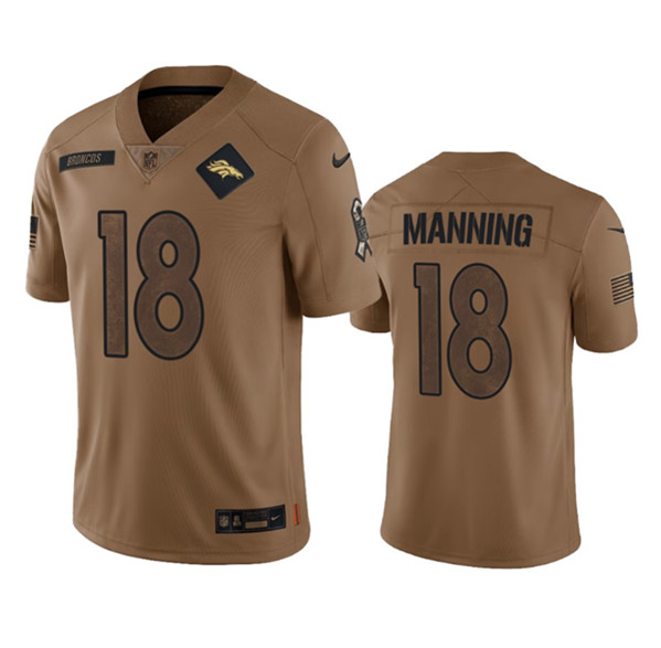 Men's Denver Broncos #18 Peyton Manning 2023 Brown Salute To Service Limited Football Stitched Jersey