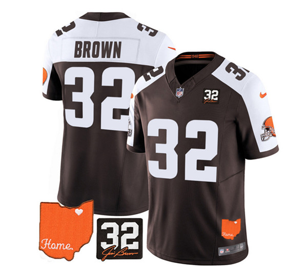 Men's Cleveland Browns #32 Jim Brown Brown/White 2023 F.U.S.E. With Jim Brown Memorial Patch Vapor Untouchable Limited Stitched Jersey