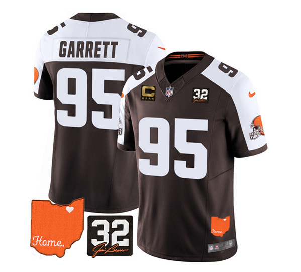 Men's Cleveland Browns #95 Myles Garrett Brown/White 2023 F.U.S.E. With Jim Brown Memorial Patch and 4-Star C Patch Vapor Untouchable Limited Stitched Jersey