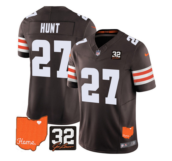Men's Cleveland Browns #27 Kareem Hunt Brown 2023 F.U.S.E. With Jim Brown Memorial Patch Vapor Untouchable Limited Stitched Jersey