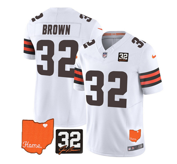 Men's Cleveland Browns #32 Jim Brown White 2023 F.U.S.E. With Jim Brown Memorial Patch Vapor Untouchable Limited Stitched Jersey