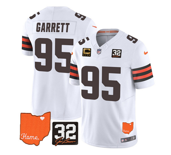 Men's Cleveland Browns #95 Myles Garrett White 2023 F.U.S.E. With Jim Brown Memorial Patch And 4-Star C Patch Vapor Untouchable Limited Stitched Jersey