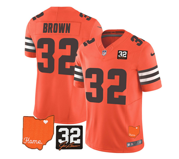 Men's Cleveland Browns #32 Jim Brown Orange 2023 F.U.S.E. With Jim Brown Memorial Patch Vapor Untouchable Limited Stitched Jersey