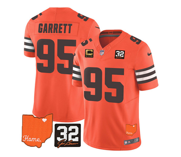 Men's Cleveland Browns #95 Myles Garrett Orange 2023 F.U.S.E. With Jim Brown Memorial Patch And 4-Star C Patch Vapor Untouchable Limited Stitched Jersey
