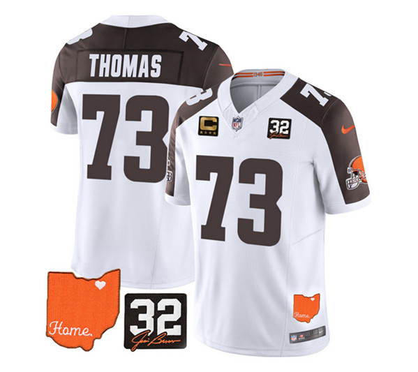 Men's Cleveland Browns #73 Joe Thomas White/Brown 2023 F.U.S.E. With Jim Brown Memorial Patch and 4-Star C Patch Vapor Untouchable Limited Stitched Jersey