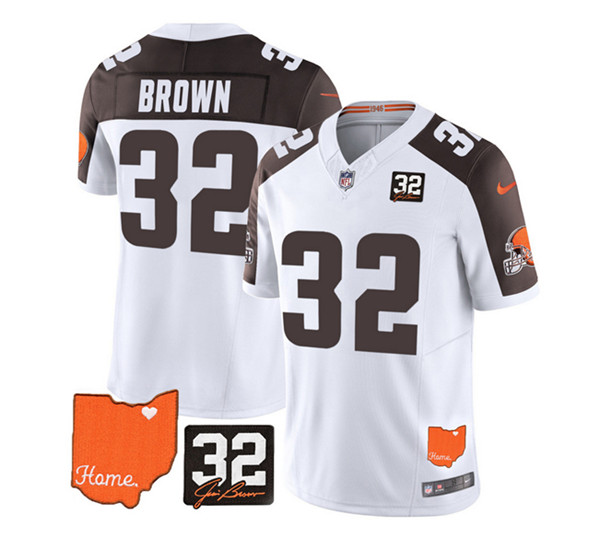Men's Cleveland Browns #32 Jim Brown White/Brown 2023 F.U.S.E. With Jim Brown Memorial Patch Vapor Untouchable Limited Stitched Jersey