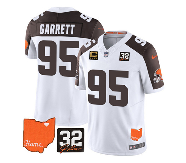 Men's Cleveland Browns #95 Myles Garrett White/Brown 2023 F.U.S.E. With Jim Brown Memorial Patch and 4-Star C Patch Vapor Untouchable Limited Stitched Jersey