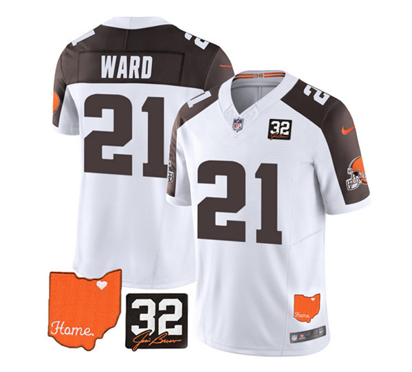 Men's Cleveland Browns #21 Denzel Ward White/Brown 2023 F.U.S.E. With Jim Brown Memorial Patch Vapor Untouchable Limited Stitched Jersey