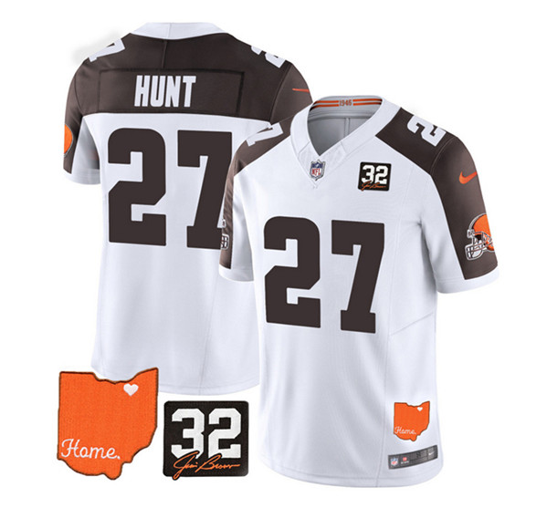Men's Cleveland Browns #27 Kareem Hunt White/Brown 2023 F.U.S.E. With Jim Brown Memorial Patch Vapor Untouchable Limited Stitched Jersey