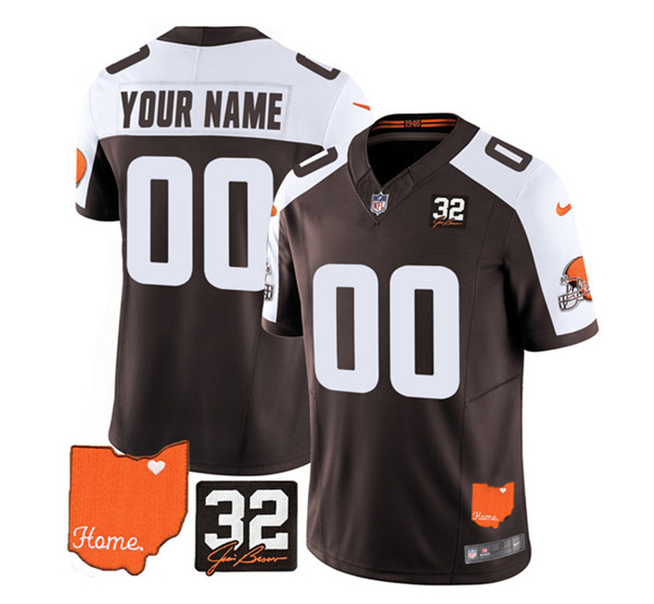 Men's Cleveland Browns Active Player Custom Brown/White 2023 F.U.S.E. With Jim Brown Memorial Patch Vapor Untouchable Limited Stitched Jersey