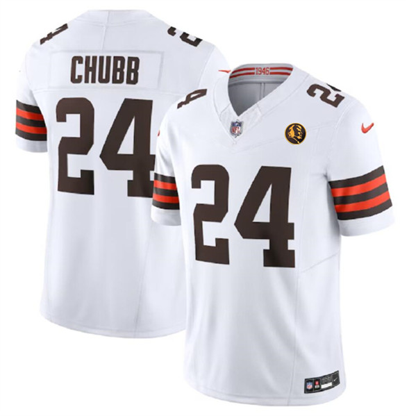 Men's Cleveland Browns #24 Nick Chubb White 2023 F.U.S.E. With John Madden Patch Vapor Limited Football Stitched Jersey