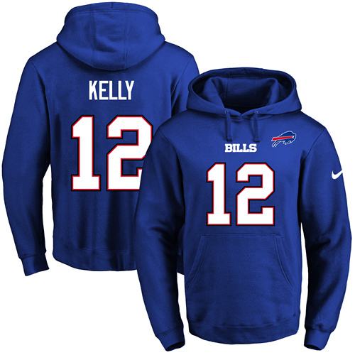 Nike Bills #12 Jim Kelly Royal Blue Name & Number Pullover NFL Hoodie