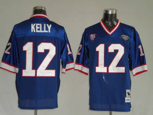 Mitchell & Ness Bills #12 Jim Kelly Blue 35th Anniversary Patch Stitched Throwback NFL Jersey