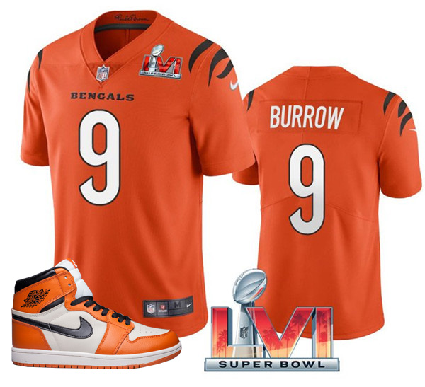 Men's Bengals #9 Joe Burrow Orange 2022 Super Bowl LVI Jersey + AJ 1 Shoes