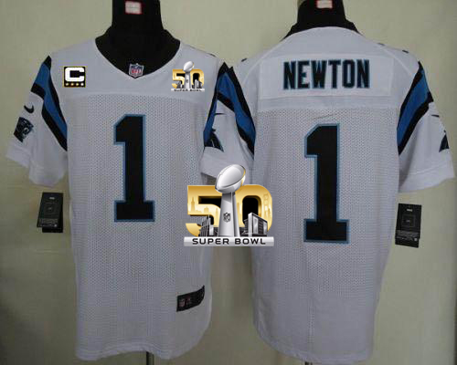 Nike Panthers #1 Cam Newton White With C Patch Super Bowl 50 Men's Stitched NFL Elite Jersey