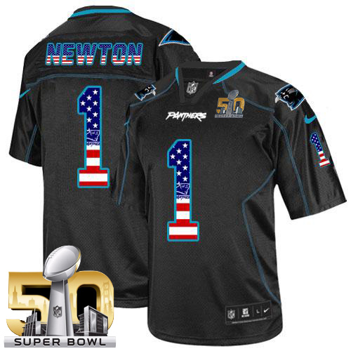 Nike Panthers #1 Cam Newton Black Super Bowl 50 Men's Stitched NFL Elite USA Flag Fashion Jersey