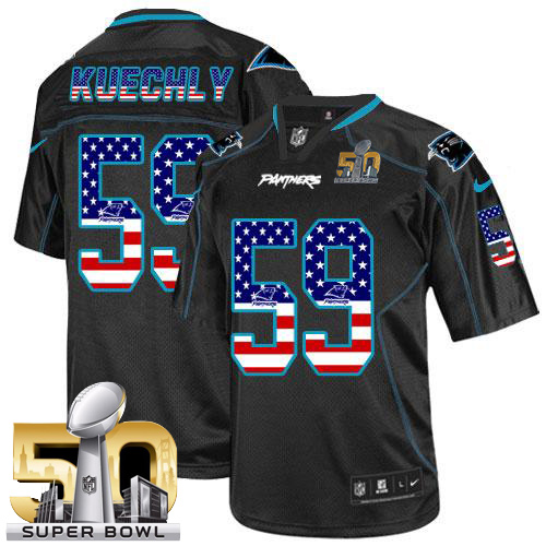 Nike Panthers #59 Luke Kuechly Black Super Bowl 50 Men's Stitched NFL Elite USA Flag Fashion Jersey