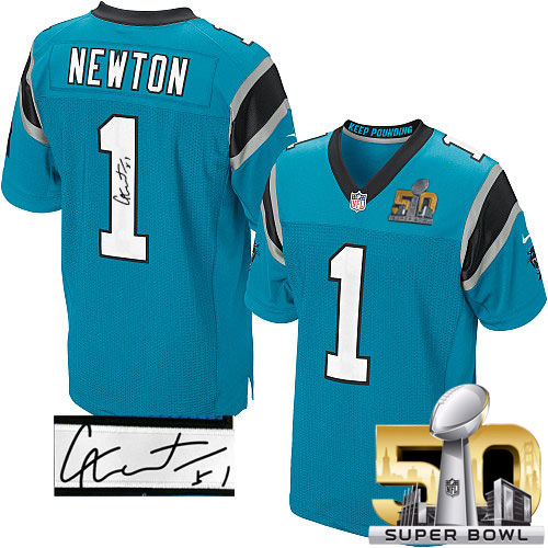 Nike Panthers #1 Cam Newton Blue Alternate Super Bowl 50 Men's Stitched NFL Elite Autographed Jersey