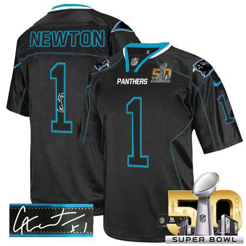Nike Panthers #1 Cam Newton Lights Out Black Super Bowl 50 Men's Stitched NFL Elite Autographed Jersey