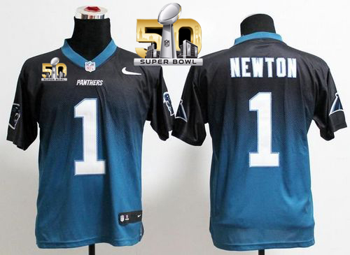 Nike Panthers #1 Cam Newton Black/Blue Super Bowl 50 Men's Stitched NFL Elite Fadeaway Fashion Jersey