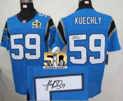 Nike Panthers #59 Luke Kuechly Blue Alternate Super Bowl 50 Men's Stitched NFL Elite Autographed Jersey