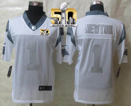 Nike Panthers #1 Cam Newton White Super Bowl 50 Men's Stitched NFL Limited Platinum Jersey