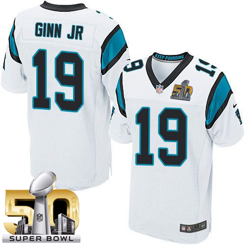 Nike Panthers #19 Ted Ginn Jr White Super Bowl 50 Men's Stitched NFL Elite Jersey